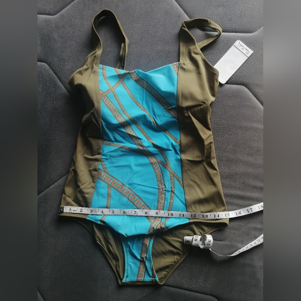 Pierre Cardin Blue Orange Olive Greek Pattern One-Piece Swimsuit - Picture 9 of 12